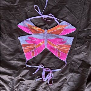 Butterfly Sequin Halter Top – Pink & Orange